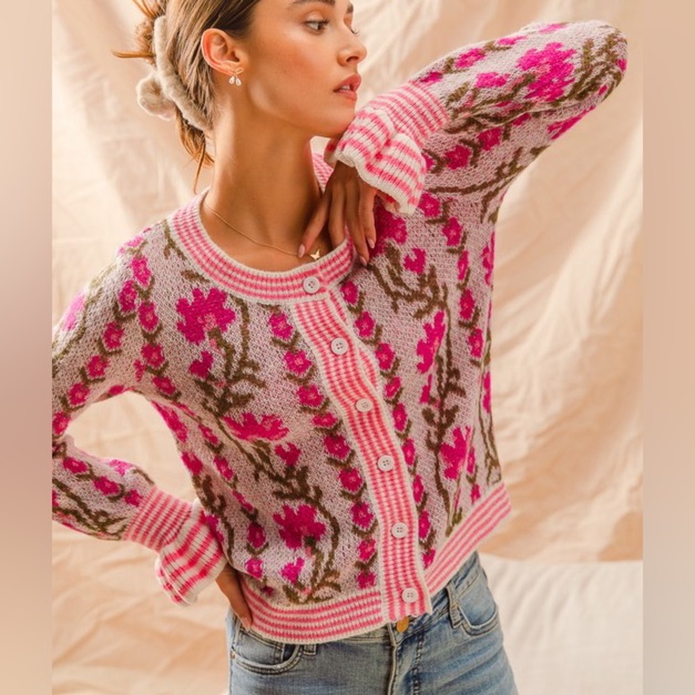 Pink Floral Intarsia Button Up Sweater Cardigan - Picture 7 of 16